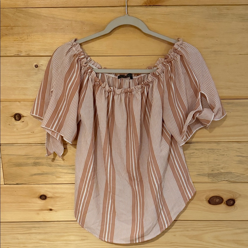 Striped Off-Shoulder Flutter Sleeve Tunic in Blush Stripe